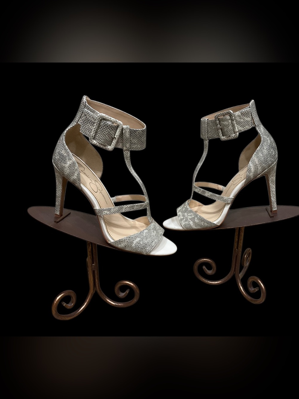 Jessica Simpson Cream/Black Snake-Effect T-Strap Heels